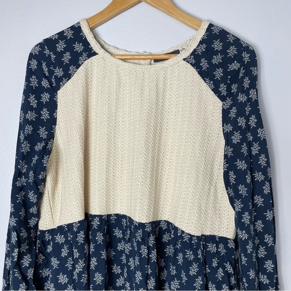 THML Mixed Media Babydoll Knit Floral Blue & Cream Long Sleeve Mini Dress - Picture 3 of 7